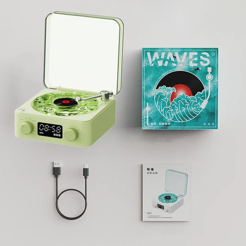 Waves Vinyl Player Bluetooth Speaker with White Noise Retro Turntable Speaker Sleep Aid Vitrola Shaped Speaker with RGB Light